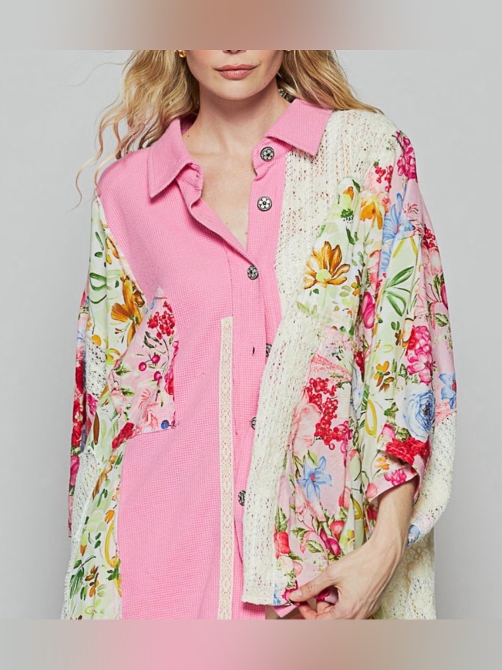 POL Pink Floral Patchwork Oversized Button-Front Women's Large Top